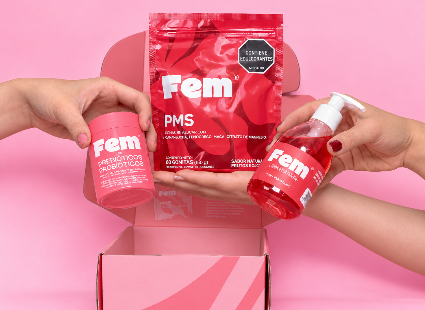 Kit Fem PMS con gomas, probióticos y jabón íntimo en caja rosa