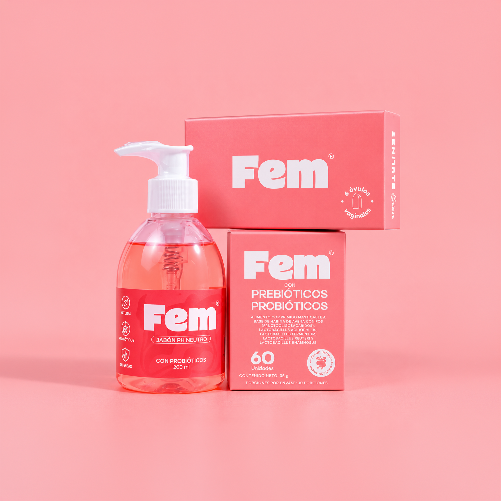 Alimento con probióticos + Jabón íntimo + Óvulos Fem homeopáticos